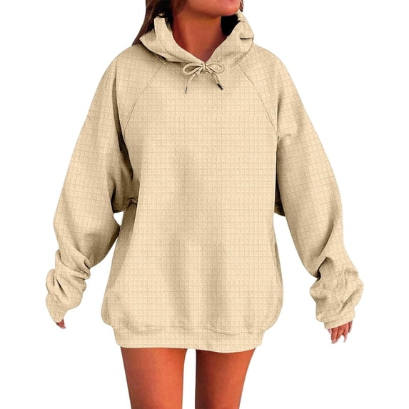 Edvintorg Women's Sweatshirt Fashion Casual Long Sleeve Hooded Pullover Tops Solid Harajuku Sweatshirts Fall Winter Clothes Beige M