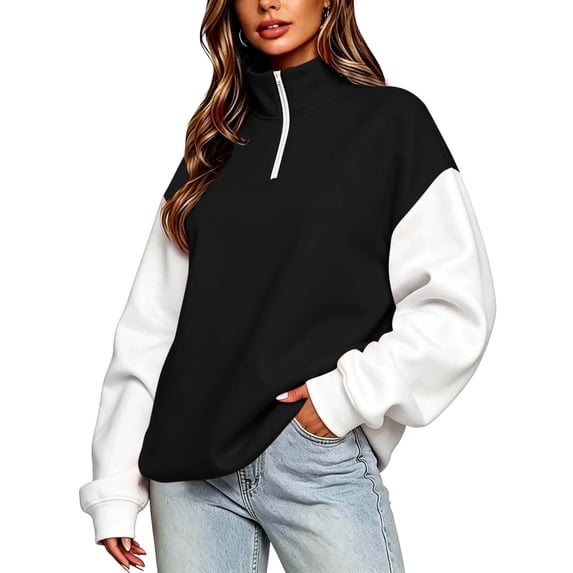 Edvintorg Women's Sweatshirt Fashion Color Block Long Sleeve Casual Half Zip Pullover Top Women's Clothes S-2XL Black
