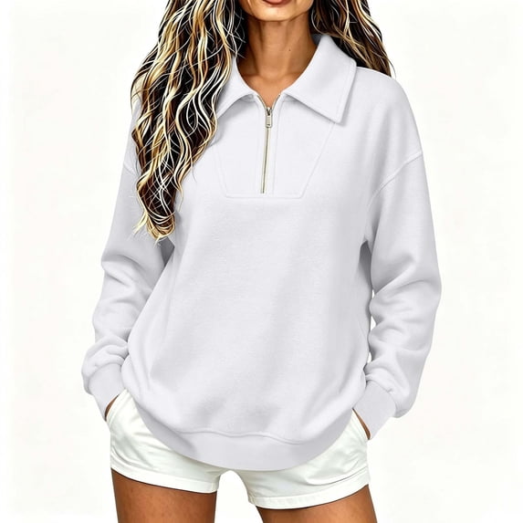Edvintorg Women's Sweatshirt Long Sleeve Sweat Shirts Turndown Collar Sweatshirts Pullover Top with Zipper Womens Clothing S-2XL White