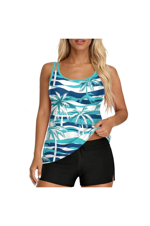 Women's Tankini Swimsuits Two Piece Tummy Control Bathing Suit Modest Swim Top with Shorts Summer Ladies Swimwear