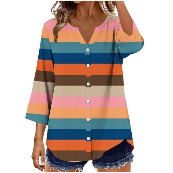 Edvintorg Women's Tops, Tees & Blouses Color Block Printed 3/4 Sleeve Top V Neck Dressy Casual Summer Shirt Loose Business Clothes Orange XXL
