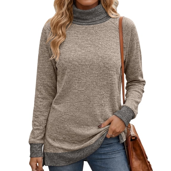 Edvintorg Women's Tunics High Neck Pullover Top Long Sleeve Casual Shirt Fall Blouse Woman Clothes S-2XL Coffee