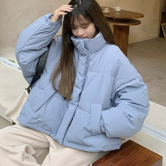 Edvintorg Women's Winter Jackets with Zipper Fashion Loose Standing Neck Thickened Cotton Clip Warm Bread Coat Cotton Coat with Buttons