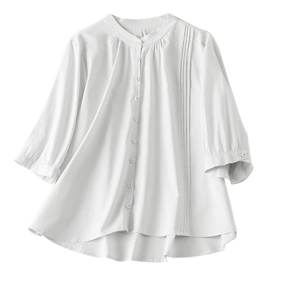 Edvintorg Womens 2025 Summer Spring Half Sleeve Round Neck Casual Loose Tunic Tops Blouses Button Up Shirts