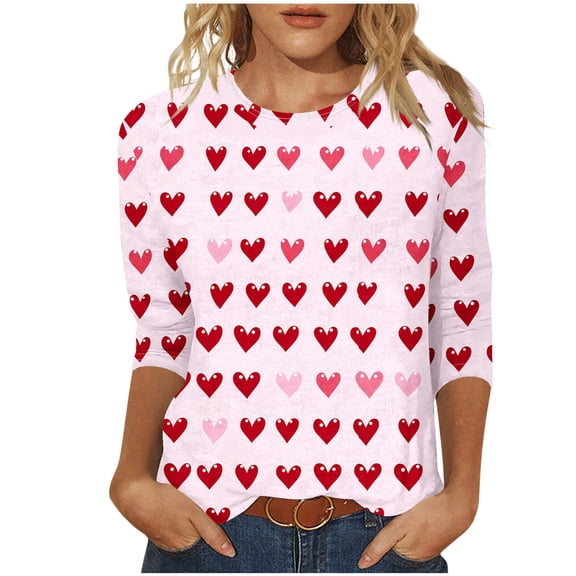 Edvintorg Womens 3/4 Length Sleeve T-Shirts Valentines Casual Crewneck Shirts Basic Tee Blouses 2026 Loose Fit Pullover Tops