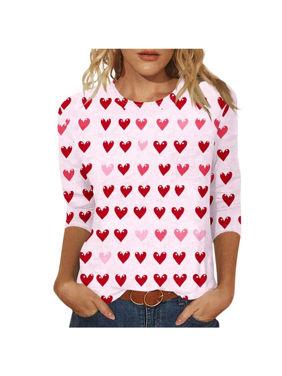 Womens 3/4 Length Sleeve T-Shirts Valentines Casual Crewneck Shirts Basic Tee Blouses 2026 Loose Fit Pullover Tops
