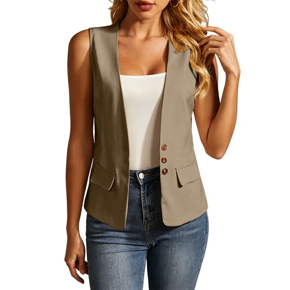 Edvintorg Womens Blazer Open Front Sleeveless Business Casual Blazers with Pockets Summer Clothes for Women Khaki S