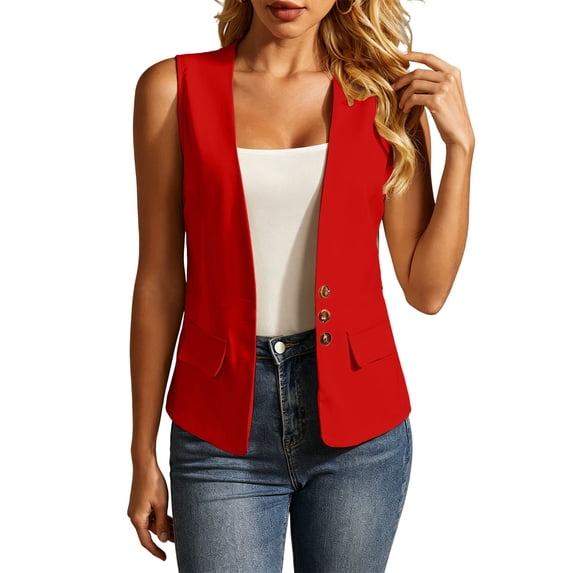 Edvintorg Womens Blazer Open Front Sleeveless Business Casual Blazers with Pockets Summer Clothes for Women Red XL