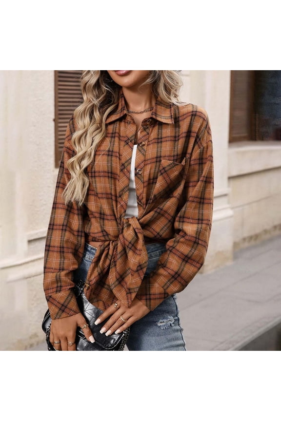 Womens Button Down Shirt 2025 Fall Winter Clothing Fashion Lapel Long Sleeve Cotton Basic Top Casual Plaid Jacket Multicolor C XXL
