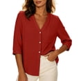 thumbnail image 1 of Edvintorg Womens Button Down Shirt Cotton Lightweight 3/4 Sleeve V Neck Casual Loose Top Womens Clothing Red XL, 1 of 9