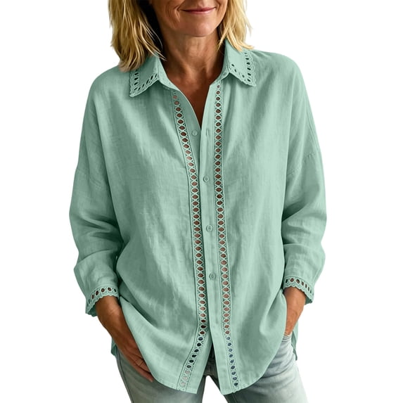 Edvintorg Womens Button Up Shirts Cotton Turndown Collar Long Sleeve Casual Loose Lightweight Top Plus Size Womens Fashion Green M