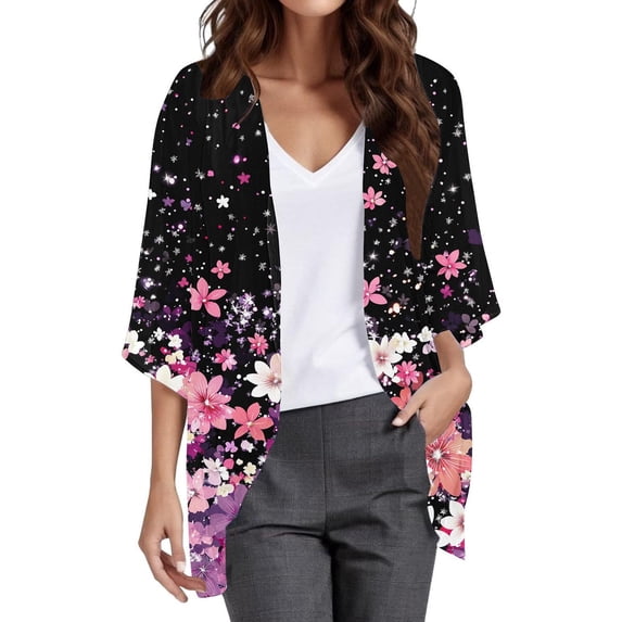 Edvintorg Womens Cardigan Floral Printed 3/4 Sleeve Loose Casual Open Front Chiffon Cardigans Trendy Womens Clothes S-2XL Multicolor