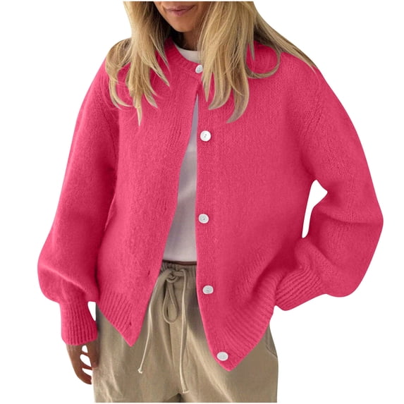Edvintorg Womens Cardigan Solid Color Crew Neck Long Sleeve Loose Casual Button Down Knit Sweater Womens Fashion S-XL Hot Pink