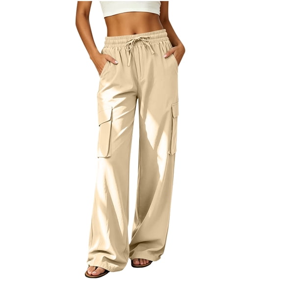 Edvintorg Womens Cargo Pants Elastic Waisted Hiking Trouser Outdoor Loose Casual Straight Leg Pant with Pocket Women's Clothing Khaki S-2XL