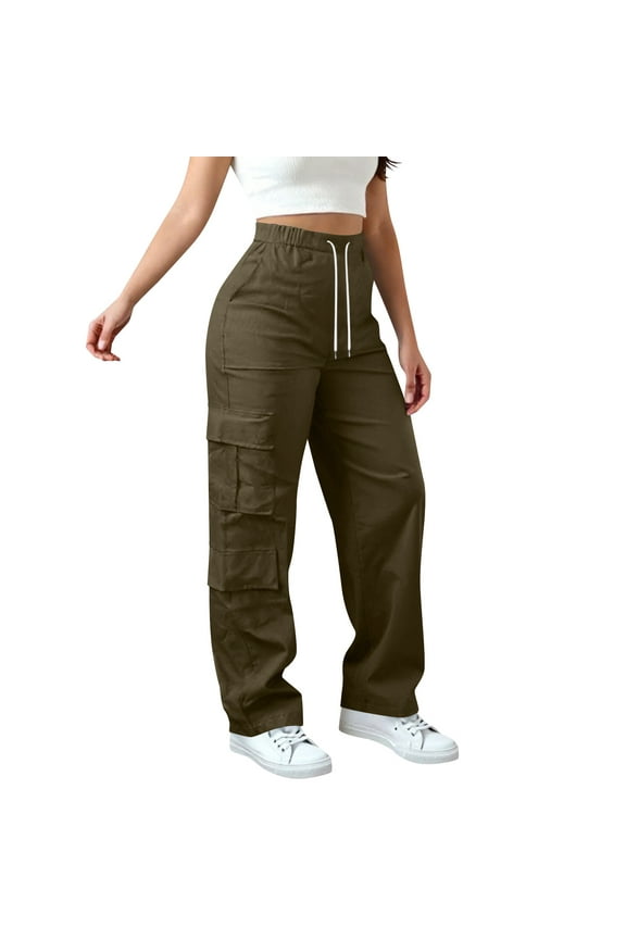 Womens Cargo Pants Streetwear Solid Color Elastic Waist Casual Straight Leg Work Pants with Pocket Womens Trousers Brown XXL