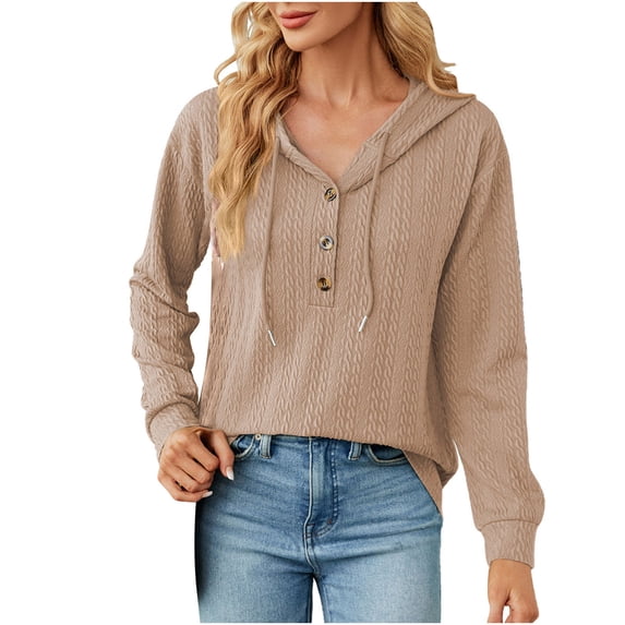 Edvintorg Womens Casual Hoodies Pullover Tops Drawstring Long Sleeve Sweatshirts Fall Clothes with Buttons Women's New Solid Hooded Button Loose Long Sleeve Tops Sweater