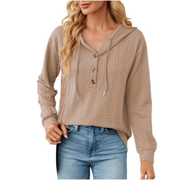 Edvintorg Womens Casual Hoodies Pullover Tops Drawstring Long Sleeve Sweatshirts Fall Clothes with Buttons Women's New Solid Hooded Button Loose Long Sleeve Tops Sweater