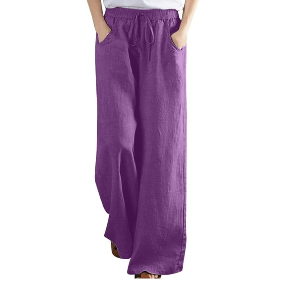 Edvintorg Womens Casual Loose Elastic Waist Cotton Linen Trousers Loose Plus Size Pants Wide Leg Pants with Pockets