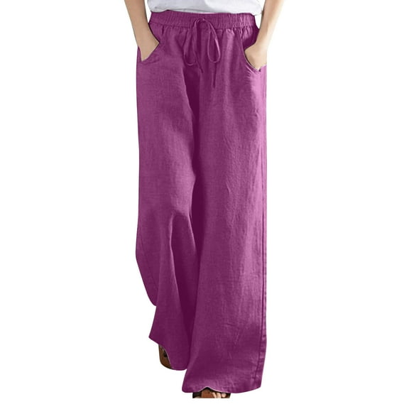 Edvintorg Womens Casual Loose Elastic Waist Cotton Linen Trousers Loose Plus Size Pants Wide Leg Pants with Pockets