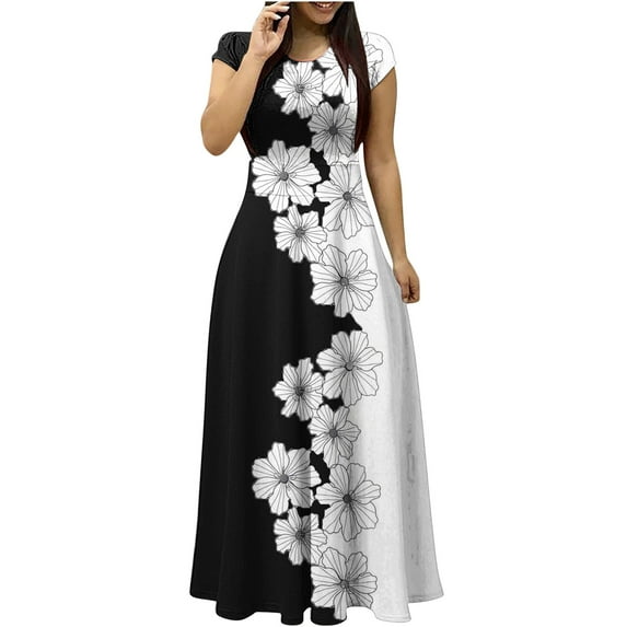 Edvintorg Womens Casual Vintage Bohemian Long Dress Short Sleeve Summer Loose Maxi Dresses Beach Dress Vacation Outfits For Women On Clearance