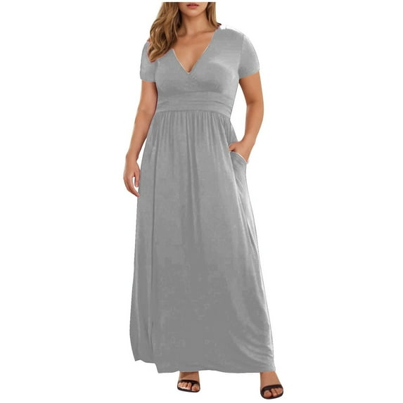 Edvintorg Womens Dresses Fashion Solid Color V-Neck Short Sleeve Casual Summer Maxi Dresses with Pockets Plus Size Dresses for Curvy Women