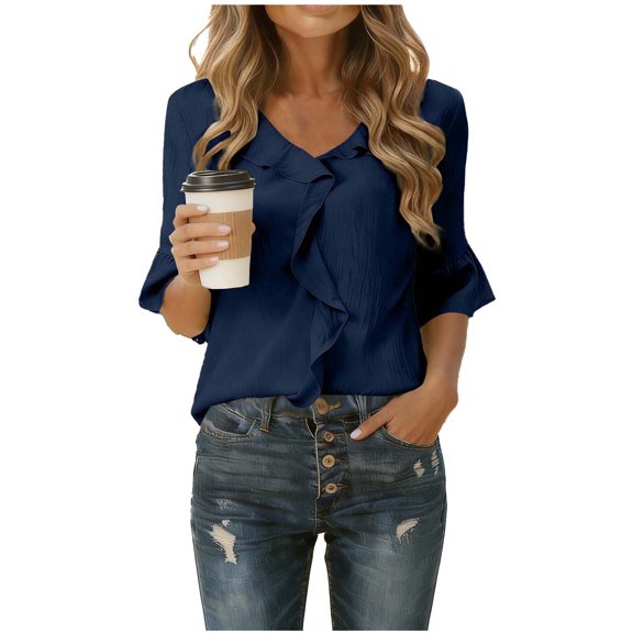 Edvintorg Womens Dressy Casual Blouse Business Half Sleeve Tops Ruffle V Neck Work Shirts Spring Summer Outfit 2026