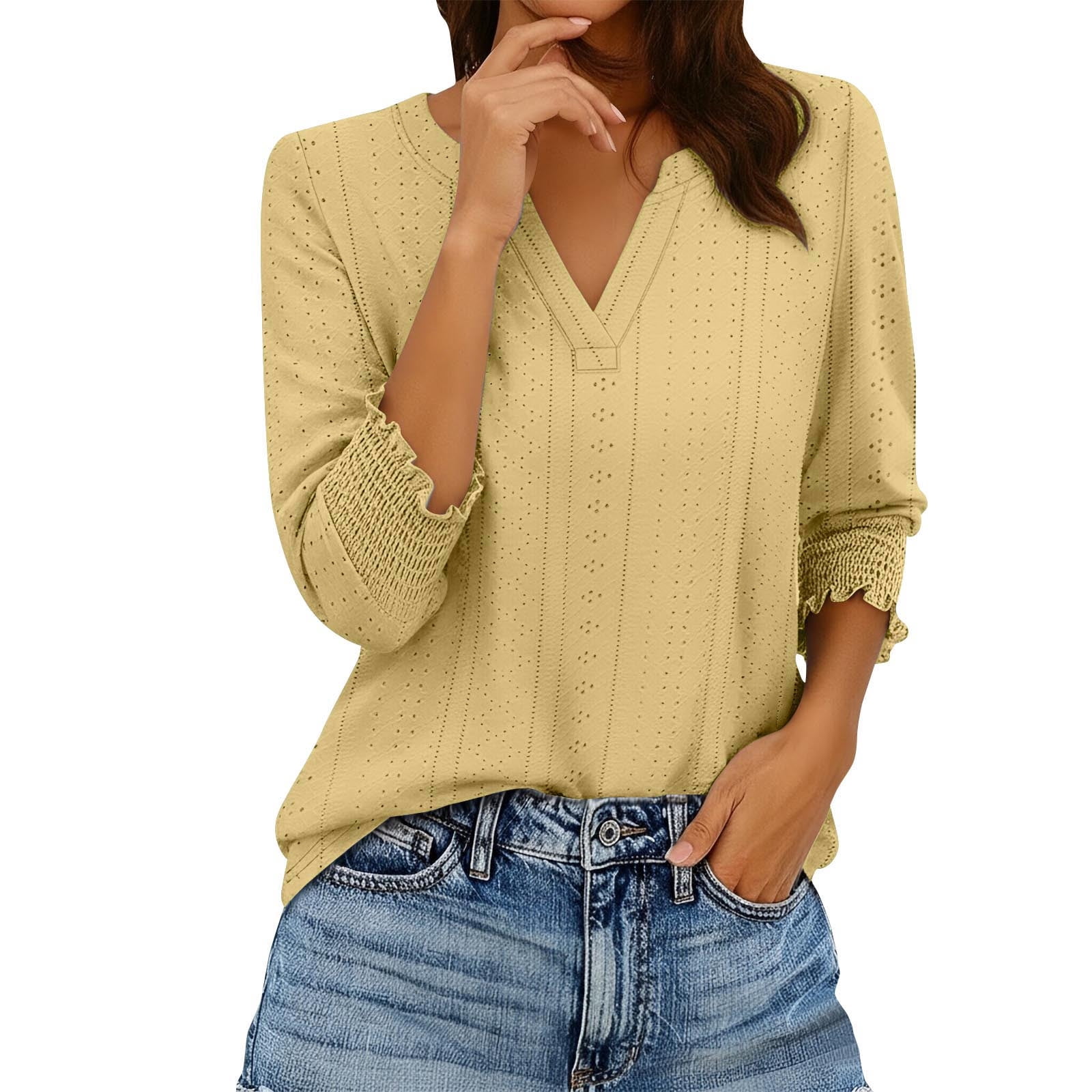 Edvintorg Womens Dressy Casual Blouses 3/4 Sleeve V Neck Ruffle Tops ...