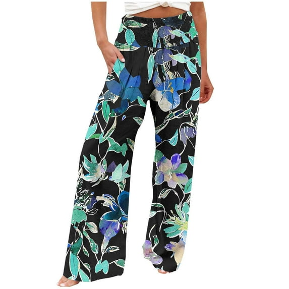 Edvintorg Womens Flowy Pants Floral Printing Beach Boho Palazzo Pants High Waisted Casual Loose Wide Leg Pants with Pockets Womens Trousers