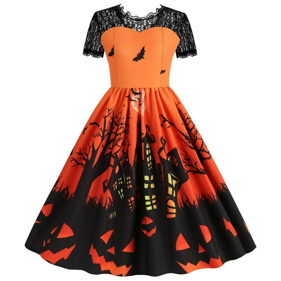 Edvintorg Womens Halloween Dress Clearance Women Costumes Short Sleeve 50S 60S Vintage Party Dresses Holloween Clothes Cosplay