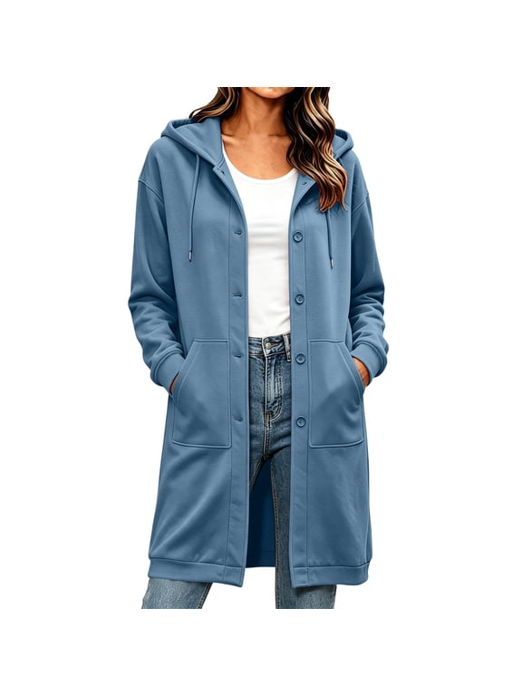 Womens Hoodie Long Sleeve Casual Loose Hooded Open Front Button Down Sweatshirt Fall Winter Tunic Top with Pocket Women’S Clothing S-2XL Dark Blue