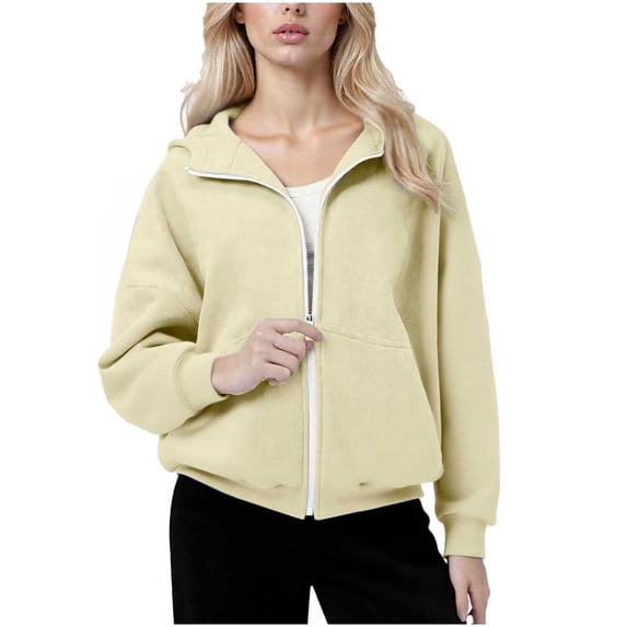Edvintorg Womens Hoodies Long Sleeve Fashion Solid Color Casual Zip Up Jacket with Pocket Trendy Fall Sweatshirts for Women Beige XXL