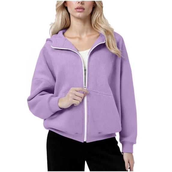 Edvintorg Womens Hoodies Long Sleeve Fashion Solid Color Casual Zip Up Jacket with Pocket Trendy Fall Sweatshirts for Women Purple L