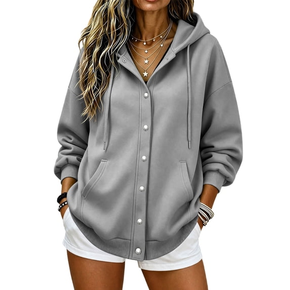 Edvintorg Womens Jacket Button Down Long Sleeve Casual Loose Coat Fall Winter Outerwear with Pocket Trendy Womens Clothes Gray S-2XL