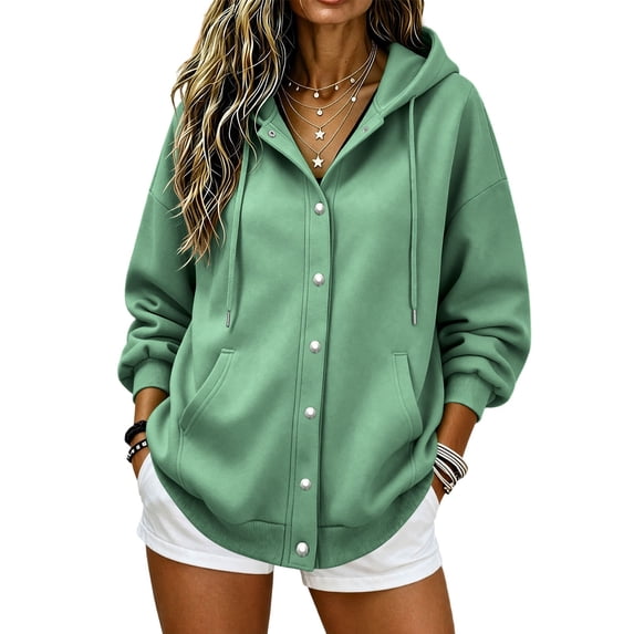 Edvintorg Womens Jacket Button Down Long Sleeve Casual Loose Coat Fall Winter Outerwear with Pocket Trendy Womens Clothes Green S-2XL