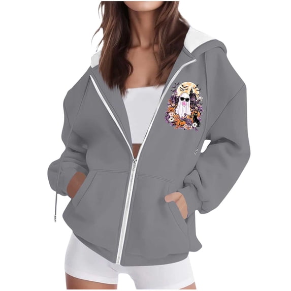 Edvintorg Womens Jacket Halloween Printed Hooded Zip up Coat Long Sleeve Loose Casual Outerwear with Pocket Plus Size Women's Clothing Gray S-3XL