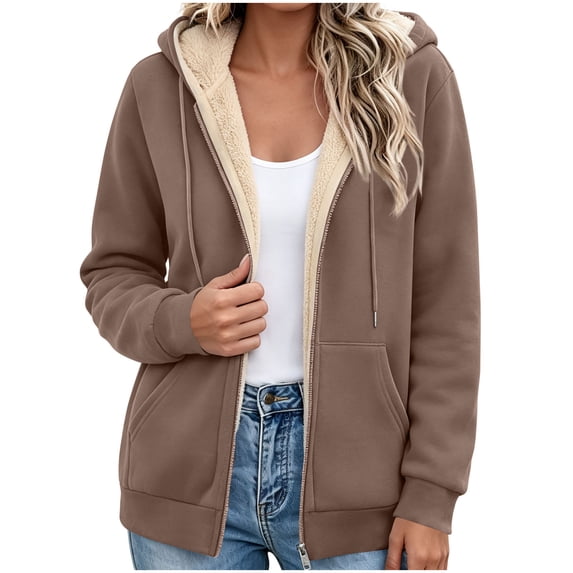 Edvintorg Womens Jacket Plus Size Long Sleeve Fleece Coat Fall Winter Hooded Outerwear with Pocket Women Clothing Brown S-3XL