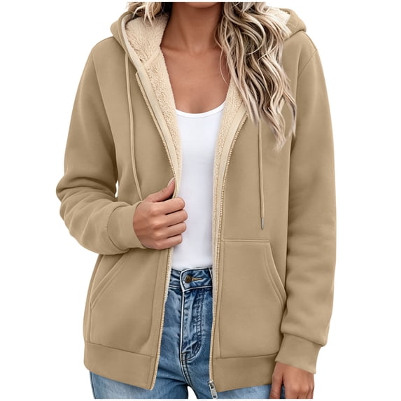 Edvintorg Womens Jacket Plus Size Long Sleeve Fleece Coat Fall Winter Hooded Outerwear with Pocket Women Clothing Khaki S-3XL