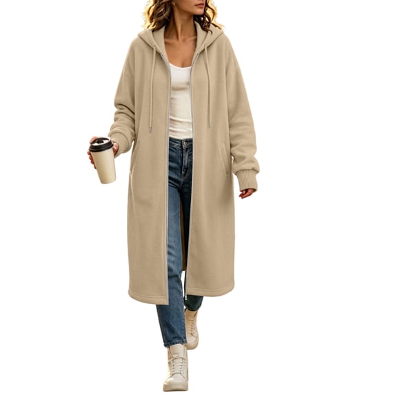 Edvintorg Womens Jacket Zip up Hooded Long Coat Long Sleeve Loose Casual Outerwear with Pocket Fashion Clothing Khaki S-2XL