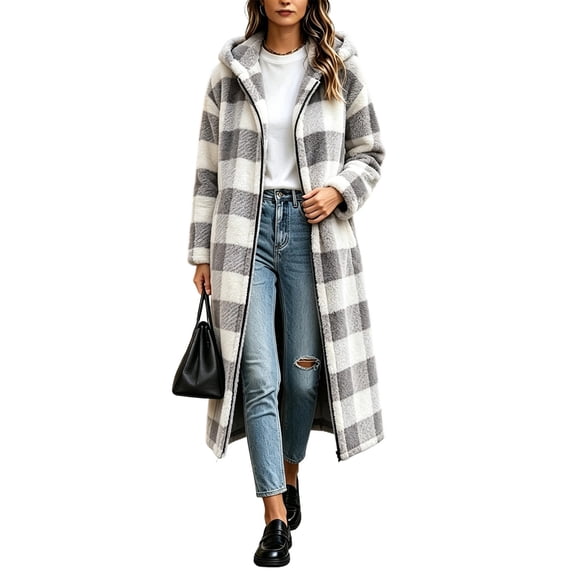 Edvintorg Womens Jackets Casual Plus Size Plaid Fleece Long Coat Long Sleeve Zip up Loose Hooded Outerwear Womens Clothes Gray S-3XL