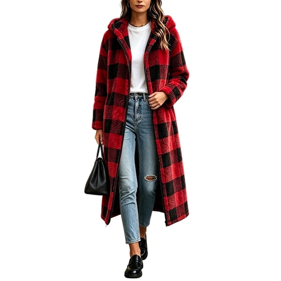 Edvintorg Womens Jackets Casual Plus Size Plaid Fleece Long Coat Long Sleeve Zip up Loose Hooded Outerwear Womens Clothes Red S-3XL