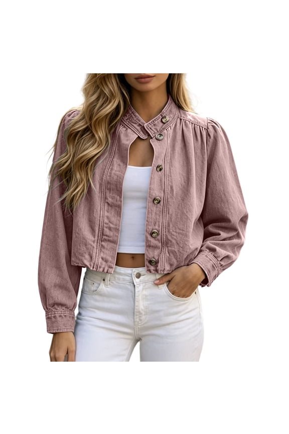 Womens Jean Jacket Fashion Long Sleeve Ruffle Loose Casual Open Front Cropped Denim Coat Plus Size Women's Clothes S-2XL Pink