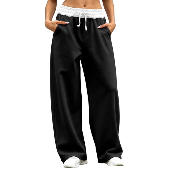 Edvintorg Womens Joggers Elastic Waisted Loose Wide Leg Sweatpant Casual Drawstring Athletic Pant with Pocket Womans Clothes Black S-2XL