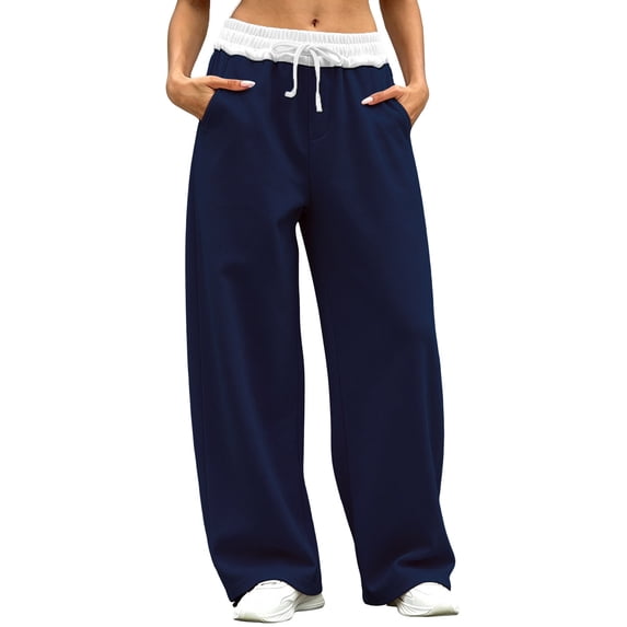 Edvintorg Womens Joggers Elastic Waisted Loose Wide Leg Sweatpant Casual Drawstring Athletic Pant with Pocket Womans Clothes Navy S-2XL