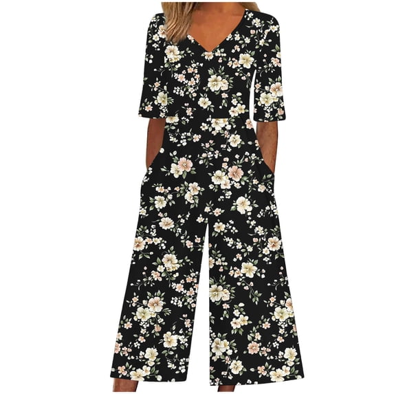 Edvintorg Womens Jumpsuit with Pocket Vintage Floral Printed Short Sleeve V Neck Back Zipper Wide Leg Jumpsuit Pants Summer Casual Overalls for Women