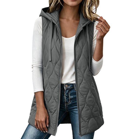 Edvintorg Womens Lightweight Long Vest Hooded Sleeveless Waistcoat Winter Coats Casual Zip up Outerwear with Pockets