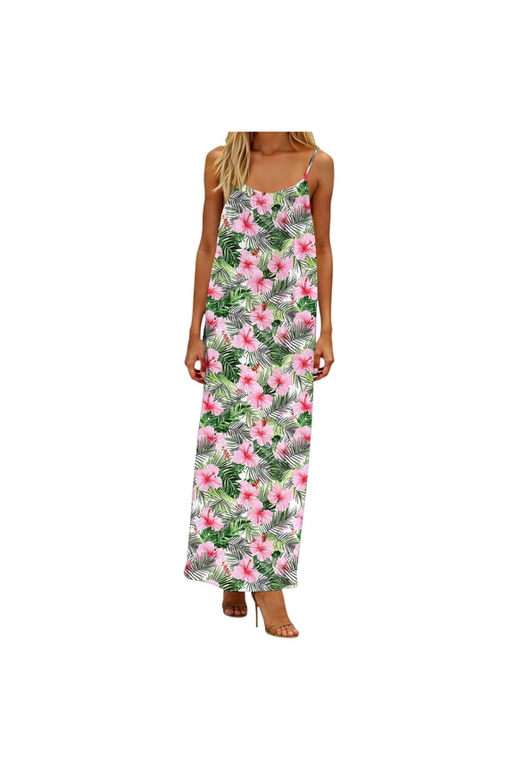 Womens Long Dresses Floral Printed Scoop Neck Sleeveless Open Back Casual Loose Fit Maxi Dress Plus Size Clothes for Women Green Xxxl