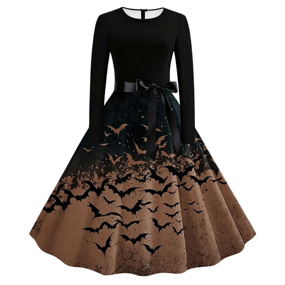 Edvintorg Womens Long Dresses Halloween Printed Crew Neck Casual Party Dress Long Sleeve Long Maxi Dress Womens Trendy Clothes S-2XL Brown