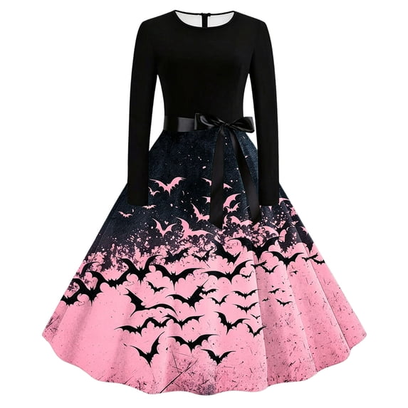 Edvintorg Womens Long Dresses Halloween Printed Crew Neck Casual Party Dress Long Sleeve Long Maxi Dress Womens Trendy Clothes S-2XL Pink