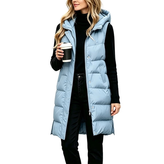 Edvintorg Womens Long Puffer Vest Hooded Sleeveless Waistcoat Winter Quilted Coats Warm Zip up Padded Outerwear Plus Size Womens Clothing