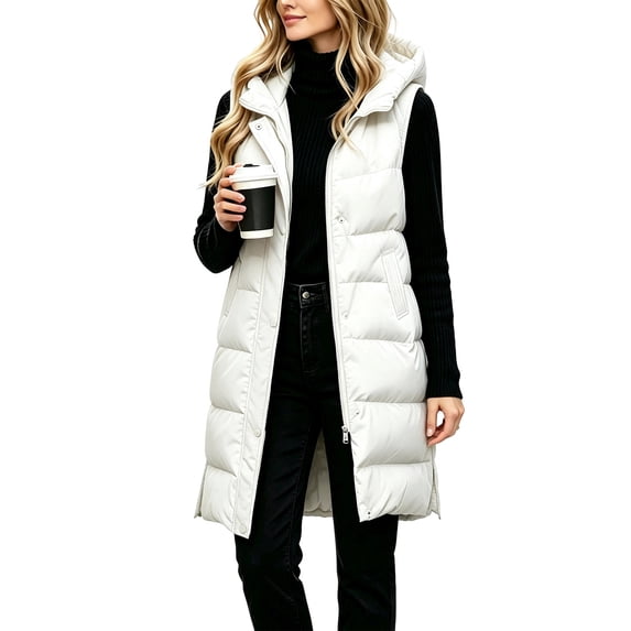 Edvintorg Womens Long Puffer Vest Hooded Sleeveless Waistcoat Winter Quilted Coats Warm Zip up Padded Outerwear Plus Size Womens Clothing